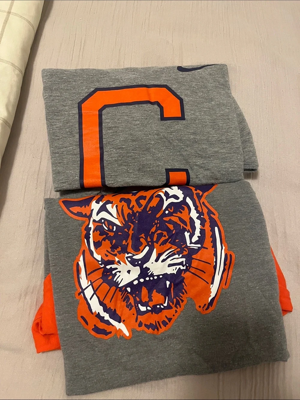 TWO Nike Clemson Gray Tees- Orange Sleeves and Tiger Graphic + C logo deep v